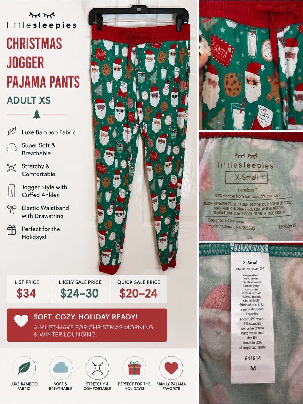 Little Sleepies Green & Red Santa Print Jogger Pajama Bottoms